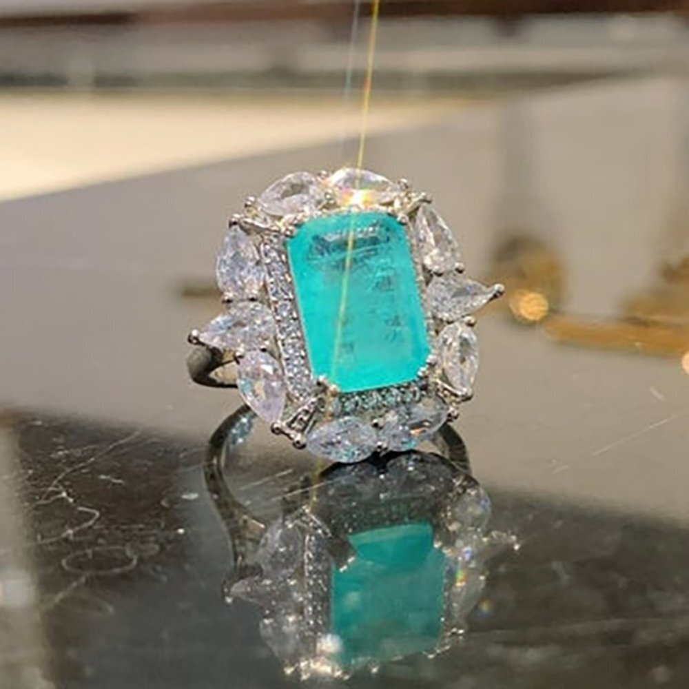 💥  925 Silver Exclusive Blue Emerald Cut Cubic Zirconia Ring, FB16FA1064